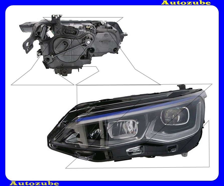 Fényszóró bal (LED) kék díszcsíkkal, motorral {TYC} Fényszóró bal (LED) kék díszcsíkkal, motorral {TYC}